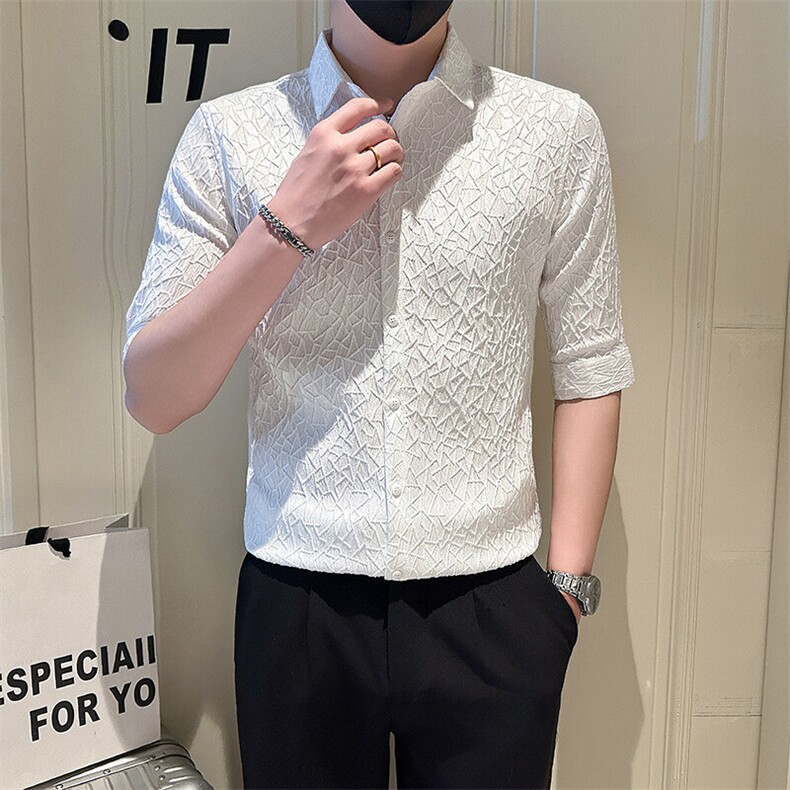 店主风社会小伙男纯色七分袖衬衫男日常衬衣301A-1/CS562/P55图片