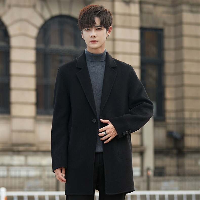 秋冬韩版时尚中长款毛呢大衣羊毛双面呢翻领风衣C710-P295控498，男装风衣，电商A355（原A415）