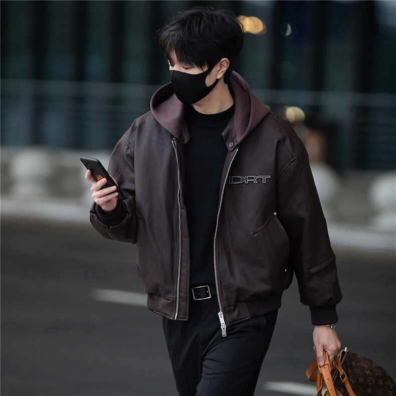 标50绒街拍男士连帽可拆卸PU皮羽绒服保暖外套B338-5066-P275，男装羽绒服，电商B338