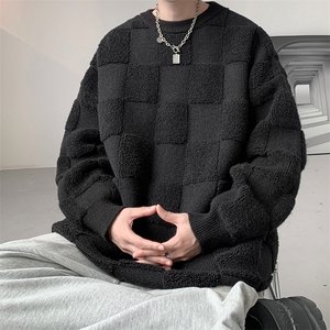 8XL-M特大码美式街头设计感毛巾绣格子毛衣男女情侣MY1204P50控68图片