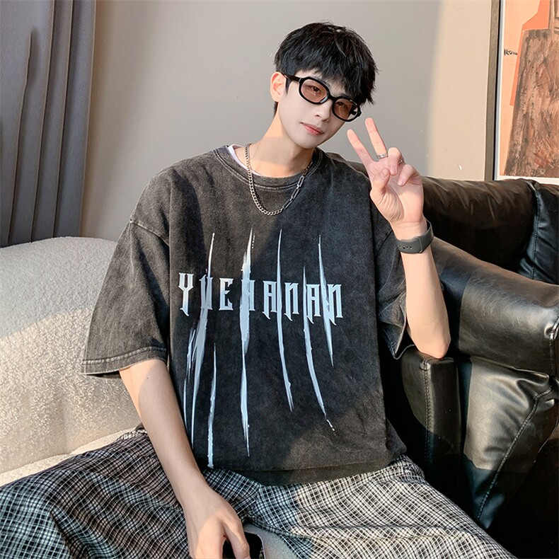 抖音供货、210克现货水洗棉印花宽松版短袖T恤D223A-T22134-P30,男装T恤,电商019-1