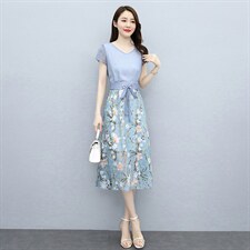 2025夏季碎花雪纺收腰假两件连衣裙女气质拼接裙子温柔长裙，女装连衣裙，牡丹诺