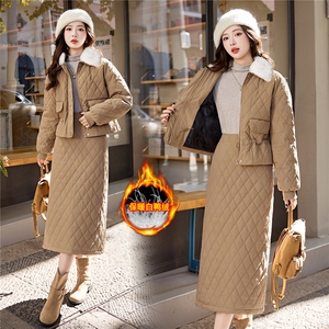 菱格羽绒服套装女秋冬高级感2025新款保暖带毛领套装裙两件套，女装套装/套裙，流量+