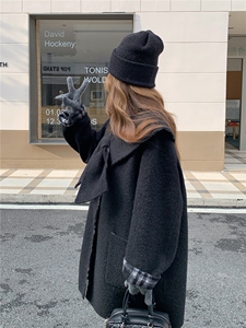 现货新款双面韩系格子披肩围巾双面羊绒大衣中长宽减龄羊毛呢外套图片