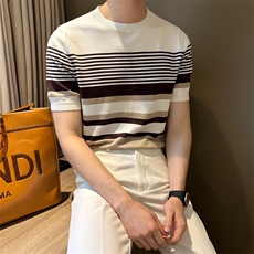 夏季短袖t恤男士2025新款针织衫潮牌青少年圆领条纹帅气上衣服ins，男装T恤，星座506A
