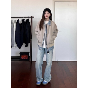 格纹假两件夹克男女美式复古街头宽松休闲情侣外套潮LY66333-P70图片