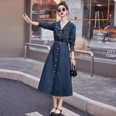 （现货）2026春秋装新款复古色毛边翻领牛仔连衣裙（配腰带），女装连衣裙，印象茜