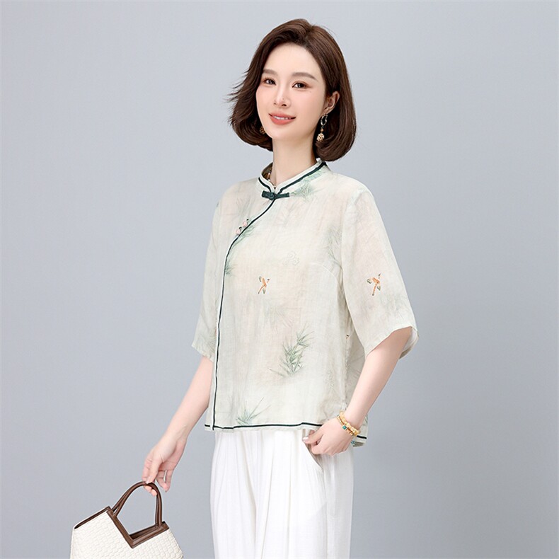 实体店同款2025夏新款苎麻印花衬衫立领手工盘扣体恤衫显瘦衬衣图片