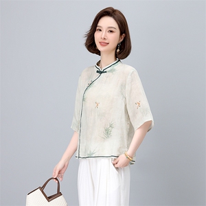 实体店同款2025夏新款苎麻印花衬衫立领手工盘扣体恤衫显瘦衬衣图片