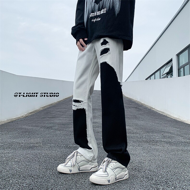 B221美式ins高街暗黑小众情侣个性破洞牛仔裤LK23046-P70控98,男装牛仔裤,电商B221