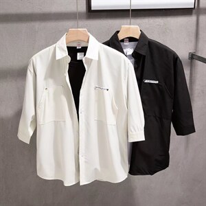 七分袖袖衬衫男港风日系春季韩版潮流帅气衬衣C525P32图片