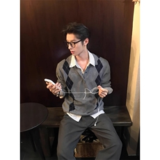 菱格双色Polo高智感Miu系提花长袖软糯正肩版型上衣特P，男装卫衣，星座715-4