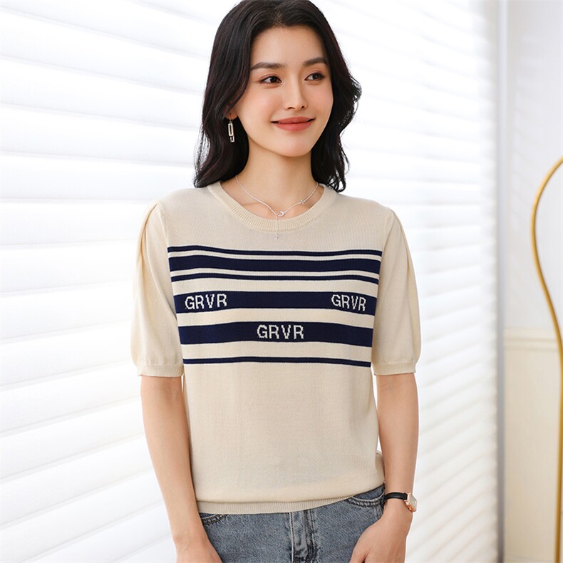 美式复古圆领短袖T恤女夏季设计感小众百搭显瘦纯棉针织上衣,女装T恤,伊绒腾羊绒