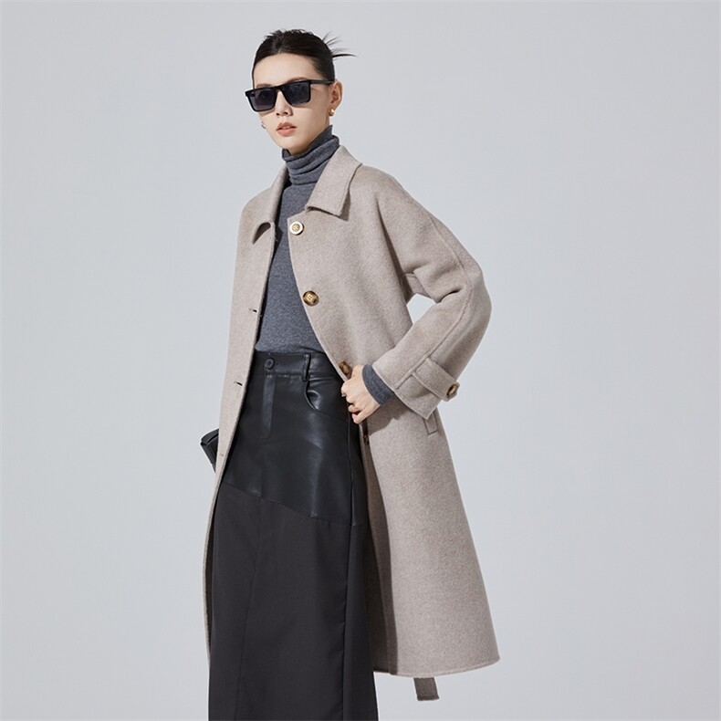 羊毛单排扣娃娃领中长款2024年冬季羊毛大衣，女装毛呢外套，高哲羊绒