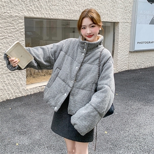 灰色宽松面包服短款慵懒风羊毛呢羽绒服白鸭绒外套6096P245K358图片