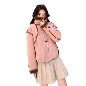 粉色皮毛一体麂皮绒羊羔毛外套女2025新款小个子加绒加厚短款棉服图片