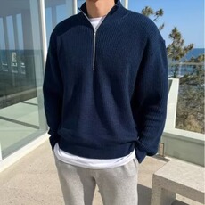 半高领拉链针织衫男美式复古宽松落肩长袖t恤慵懒风套头毛衣外套，男装T恤，星座516A
