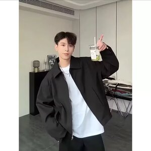 现货美式翻领夹克男士2025新款春秋季痞帅高级感宽松休闲上衣男款图片