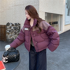 紫色设计感羽绒服女2025冬季新款韩系撞色洋气加厚保暖短款面包服，女装羽绒服，2C295