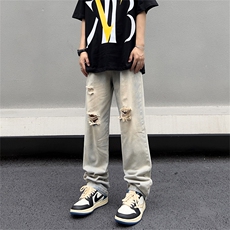 牛仔裤男夏季破洞直筒裤子高街vibe潮牌宽松休闲长裤N031-P40，男装牛仔裤，星座308B-1