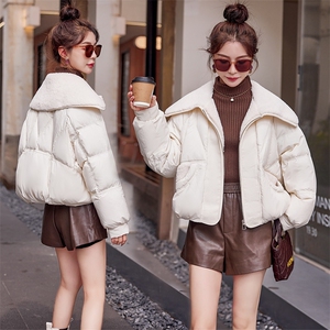 白鸭绒羽绒服女2023冬季新款设计感皮毛一体翻领短款面包服外套潮图片