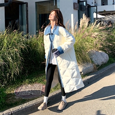 设计感白色菱格长款羽绒服女冬2024新款加厚牛仔假两件白鸭绒外套，女装羽绒服，2C269