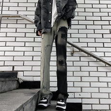 街头拼接牛仔裤男女春秋新款潮美式复古直筒微喇长裤N0731-P52，男装牛仔裤，星座308B-1