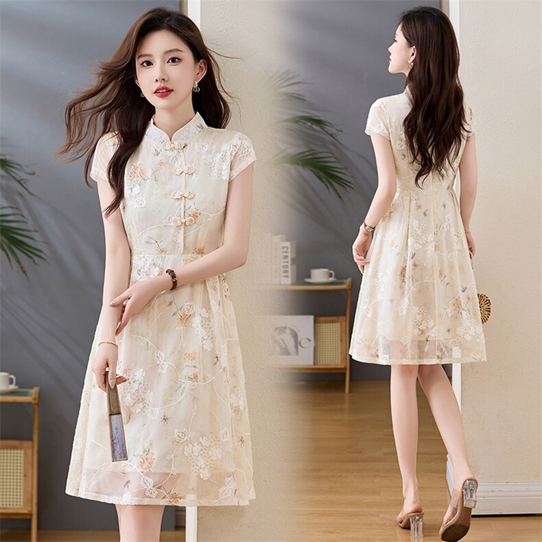 2025夏季新款简约优雅气质复古立领设计时尚修身显瘦连衣裙，女装连衣裙，魅家