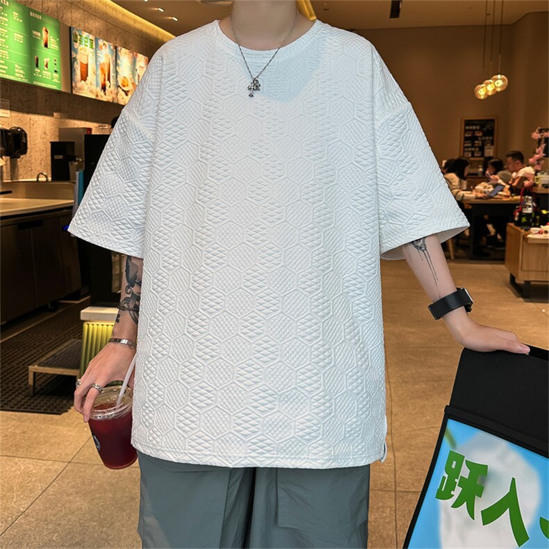 T8073/P30夏季港风宽松半袖潮短袖透气T恤男纯色提花上衣大码男,男装T恤,电商A141