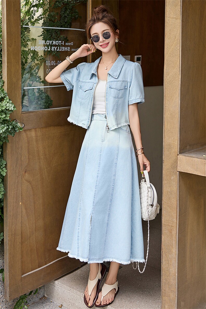 现货牛仔套装女夏季2025新款高级感显瘦遮肚子减龄半身裙两件套,商品下架区,韩然一族
