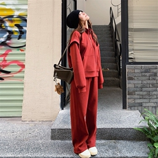 韩系慵懒chic红色休闲运动套装女2025春秋新款卫衣阔腿长裤两件套，女装套装/套裙，2C317A