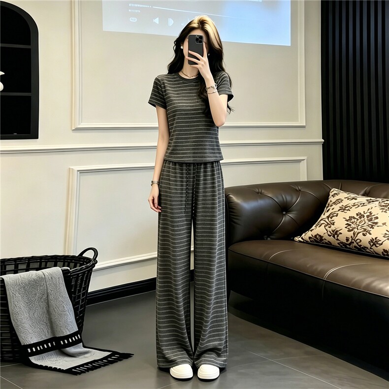 欧货时尚休闲套装女夏季新款圆领条纹撞色短袖上衣阔腿长裤两件套,女装套装/套裙,江南