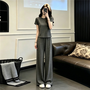 欧货时尚休闲套装女夏季新款圆领条纹撞色短袖上衣阔腿长裤两件套图片