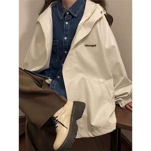 中性连帽鳄鱼纹PU皮衣大码M-5XL情侣休闲冲锋衣夹克男JK8744P90控图片