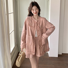 粉色千金风超好看套装2025新款秋季简约小香风上衣高腰短裤两件套，女装套装/套裙，帛锦泉