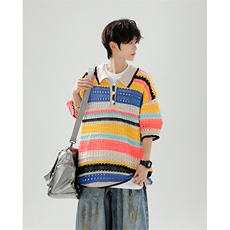 8XL-M特大码美式复古条纹撞色针织POLO衫翻领休闲短袖TDX311P35，男装T恤，电商D206-1