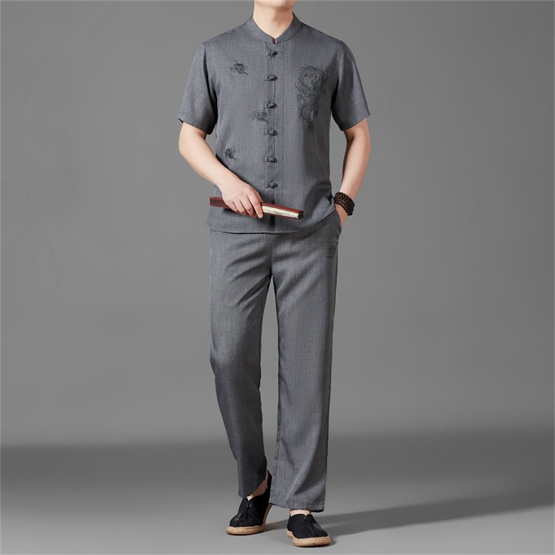 风短袖衬衫唐装长裤两件套男士夏中老年中式汉服MJ5101T-P95图片