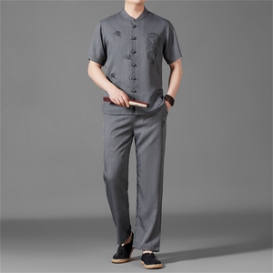 风短袖衬衫唐装长裤两件套男士夏中老年中式汉服MJ5101T-P95图片