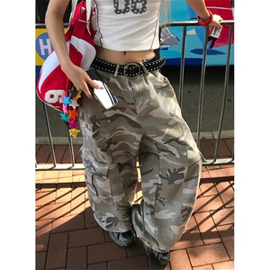 美式复古灰迷彩工装裤男女宽松显瘦多口袋百搭阔腿休闲裤KN1116,airmax95夏季应该如何搭配图片