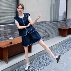 复古设计感牛仔套装女2025夏季新款慵懒松弛感无袖背心短裤两件套，女装套装/套裙，2C239