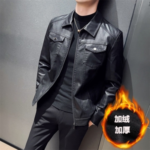 秋冬社会小伙PU翻领男士机车皮衣帅气外套 LE901-常规P85加绒P93图片