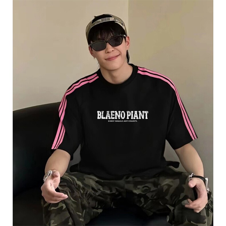 抖音得物品质二开240克宽松纯棉美式潮牌印花三条杠中性风短袖T恤，男装T恤，电商A486