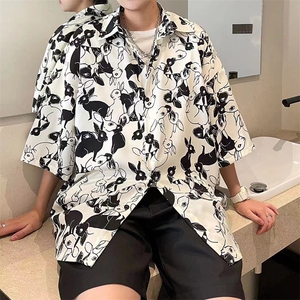 春夏宽松兔子印花男女情侣短袖休闲衬衫 A071-C61-P38图片