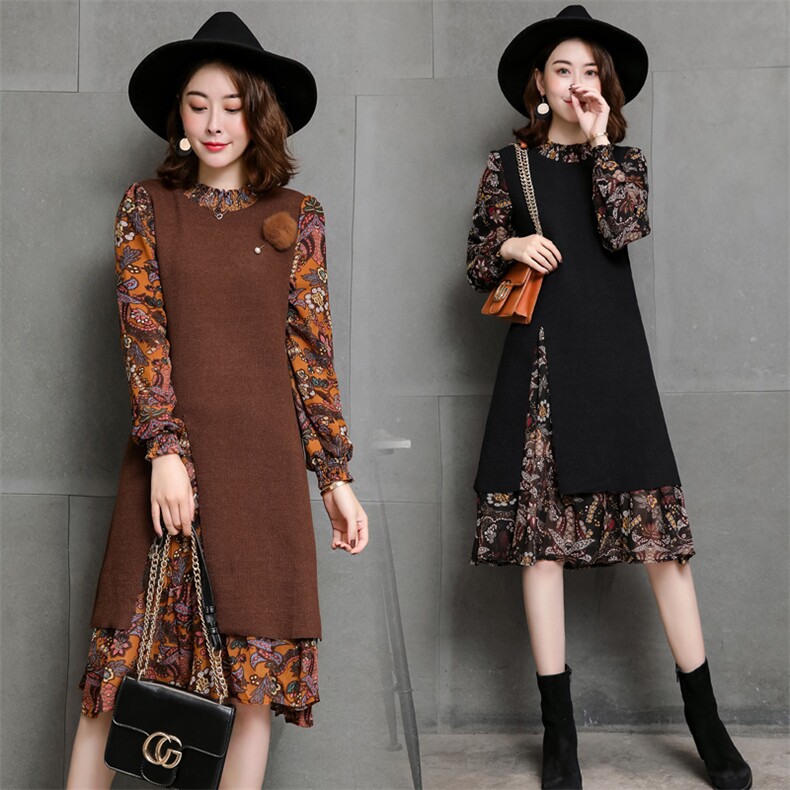 连衣裙2021年秋季潮流简约个性显瘦修身百搭圆领长袖中长款，女装连衣裙，安之芮娜