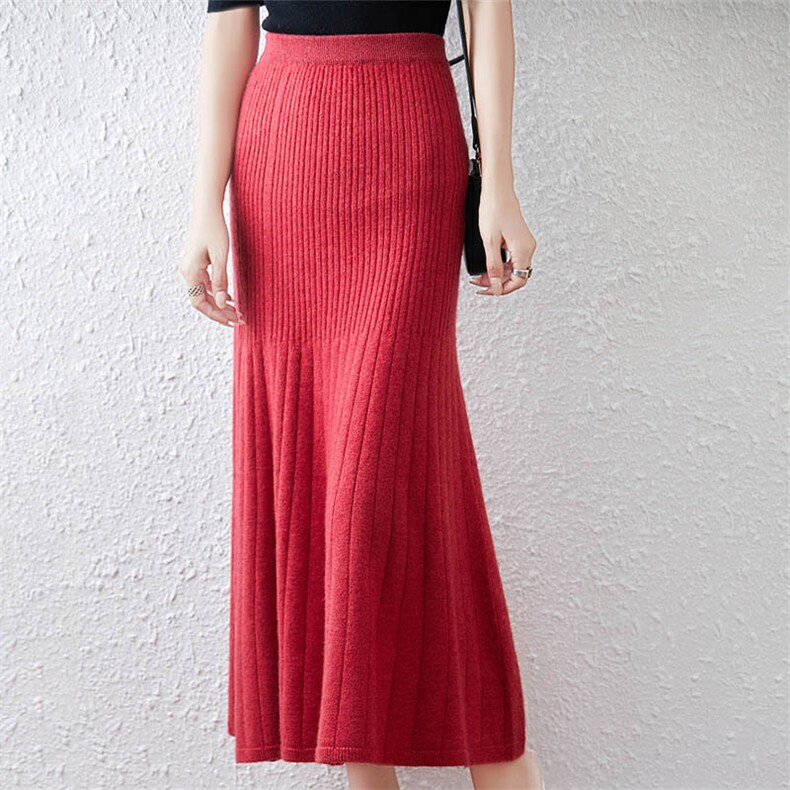 气质时尚羊毛半身裙女中长款裙休闲百搭纯色通勤A字针织显瘦伞裙，女装半身裙，暖绒情旗舰店