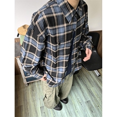 高质荃棉复古男咖蓝撞色格纹格子廓形宽松衬衫C3023，男装衬衫，星座1116A（原606A-3）