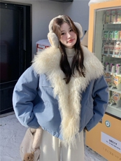 蓝色大毛领派克羽绒服女2025冬季新款设计感清新小个子加厚外套，女装羽绒服，艾米莉亚