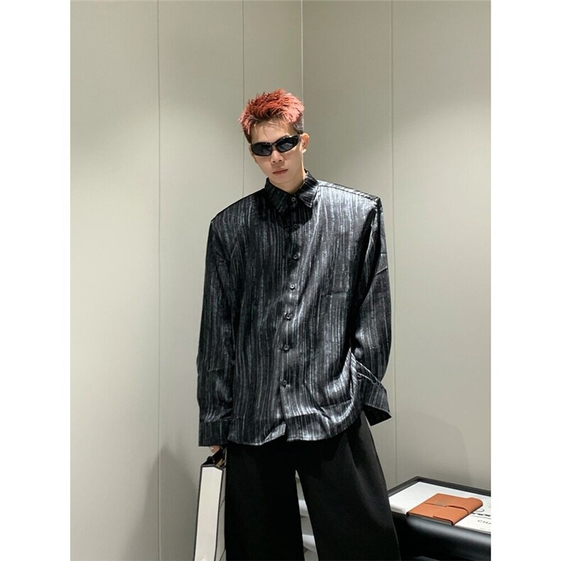 2025春潮牌设计感衬衫男士翻领条纹时尚简约痞帅宽松黑色衬衣外套,男装衬衫,星座506A