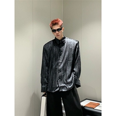 2025春潮牌设计感衬衫男士翻领条纹时尚简约痞帅宽松黑色衬衣外套，男装衬衫，星座506A
