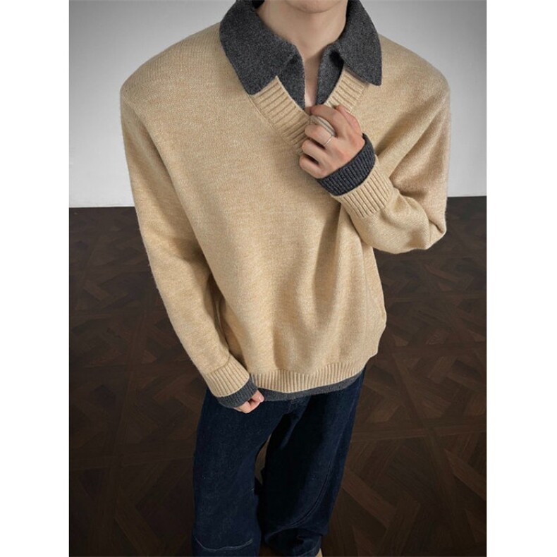 美式复古假两件v领翻领毛衣男秋季高级针织衫M411-P62，男装针织衫/毛衣，星座208-5